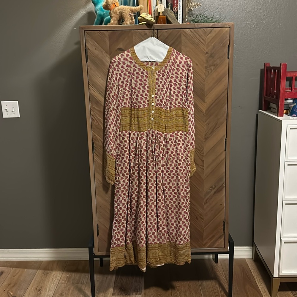 Anthropologie Pink and Gold Midi Dress